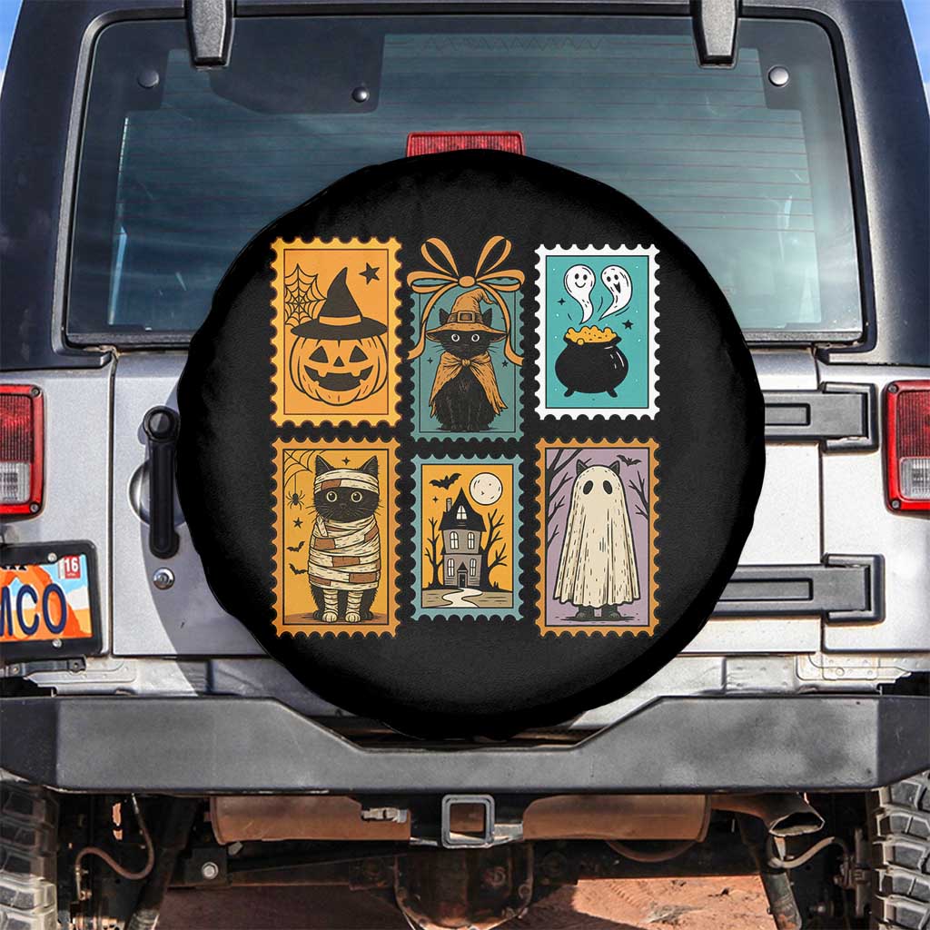 Black Cat Pumpkin Spare Tire Cover Retro Halloween Ghots Cat Stamp - Wonder Print Shop