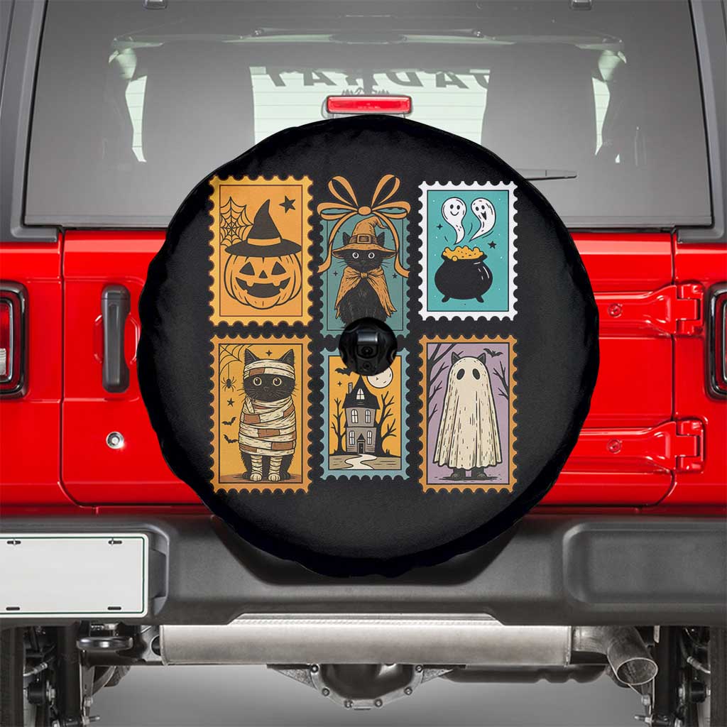 Black Cat Pumpkin Spare Tire Cover Retro Halloween Ghots Cat Stamp - Wonder Print Shop