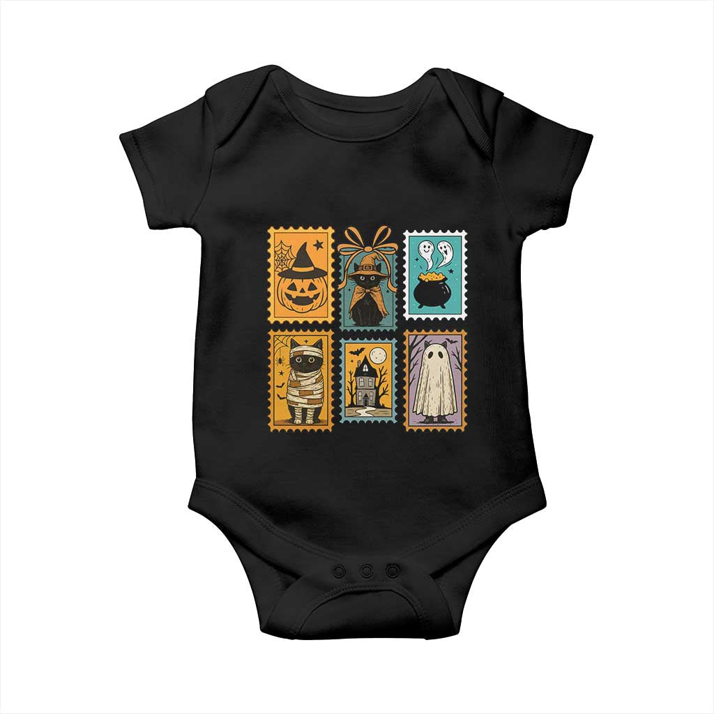 Black Cat Pumpkin Baby Onesie Retro Halloween Ghots Cat Stamp - Wonder Print Shop
