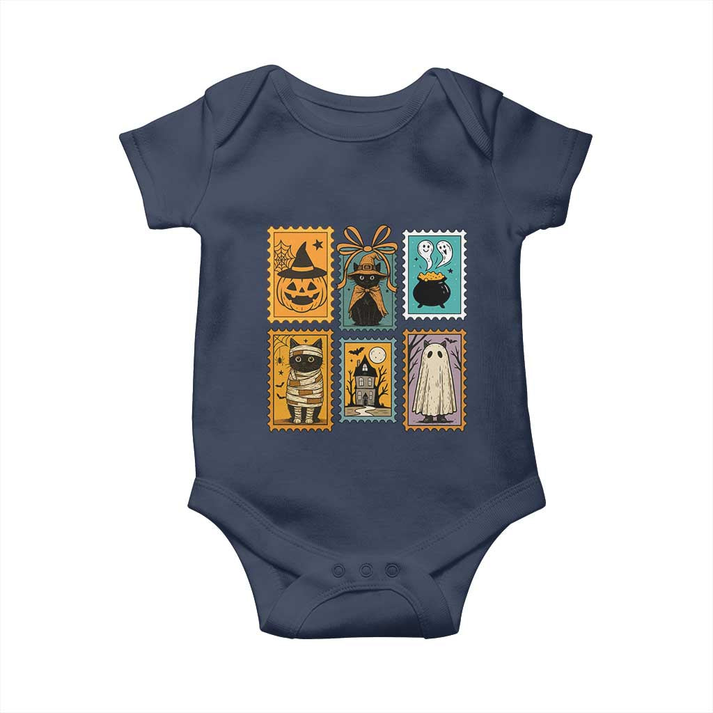 Black Cat Pumpkin Baby Onesie Retro Halloween Ghots Cat Stamp - Wonder Print Shop