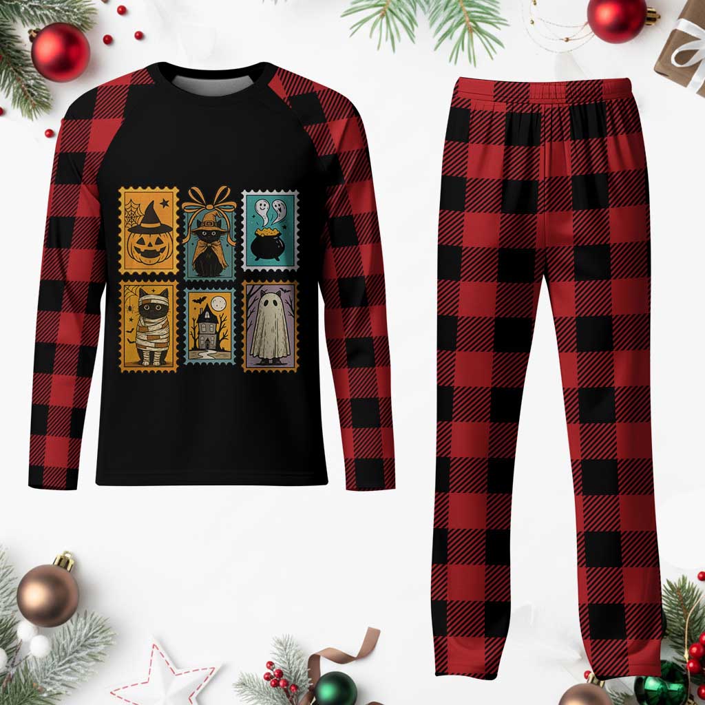 Black Cat Pumpkin Plaid Pajama Set Retro Halloween Ghots Cat Stamp - Wonder Print Shop