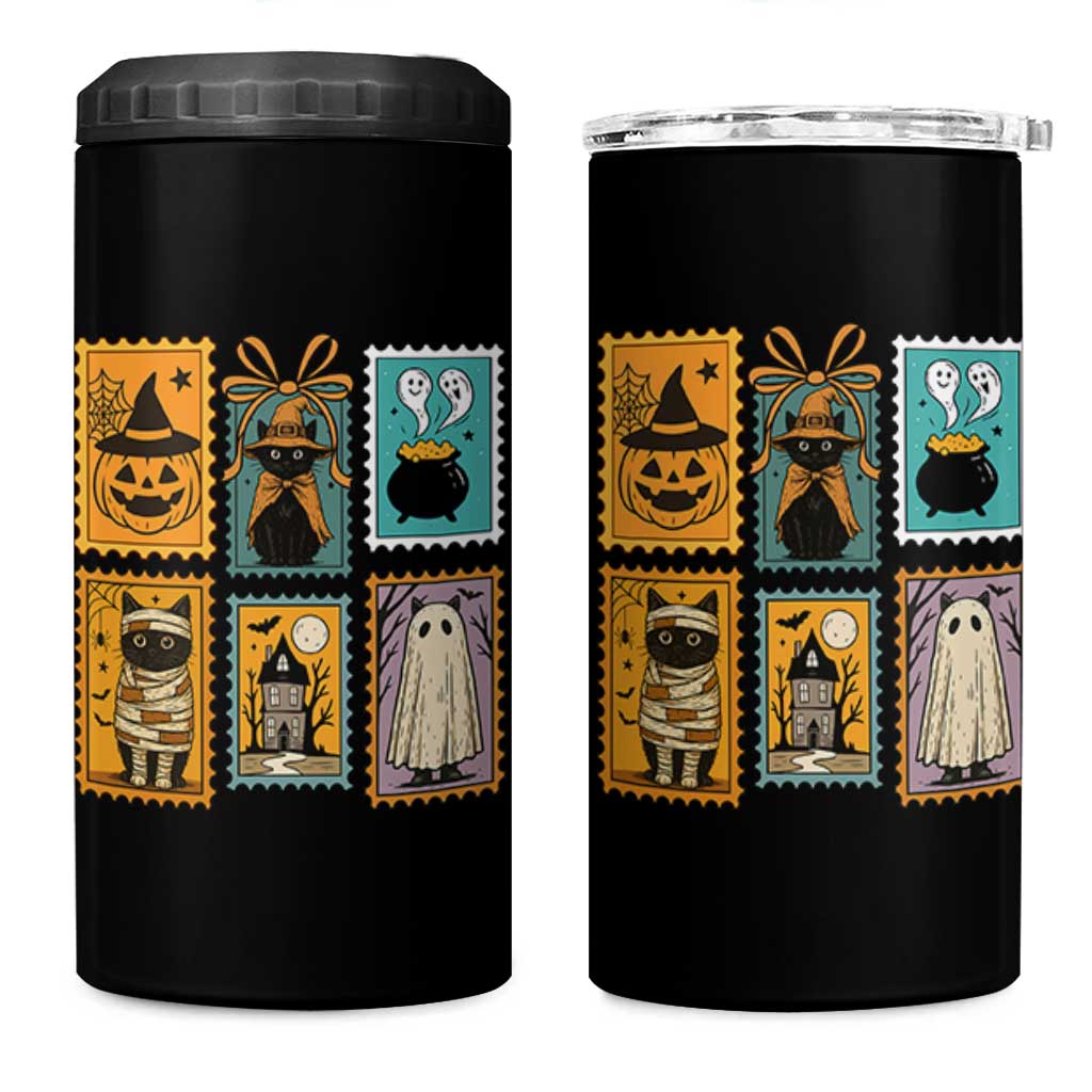 Black Cat Pumpkin 4 in 1 Can Cooler Tumbler Retro Halloween Ghots Cat Stamp - Wonder Print Shop