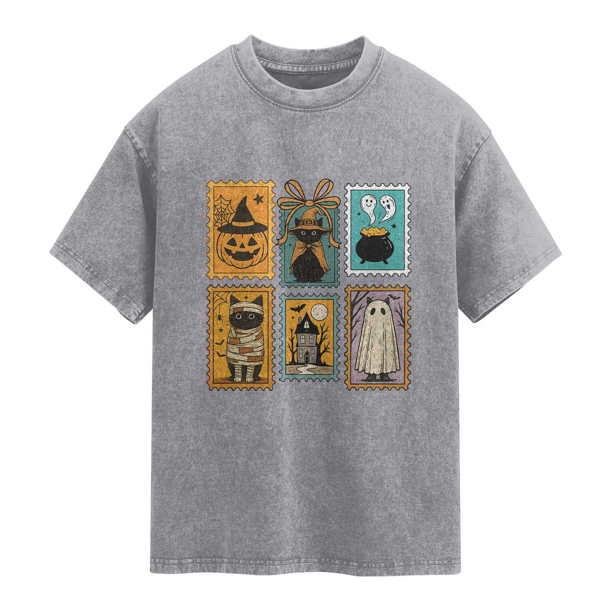 Black Cat Pumpkin Washed Cotton T-Shirt Retro Halloween Ghots Cat Stamp
