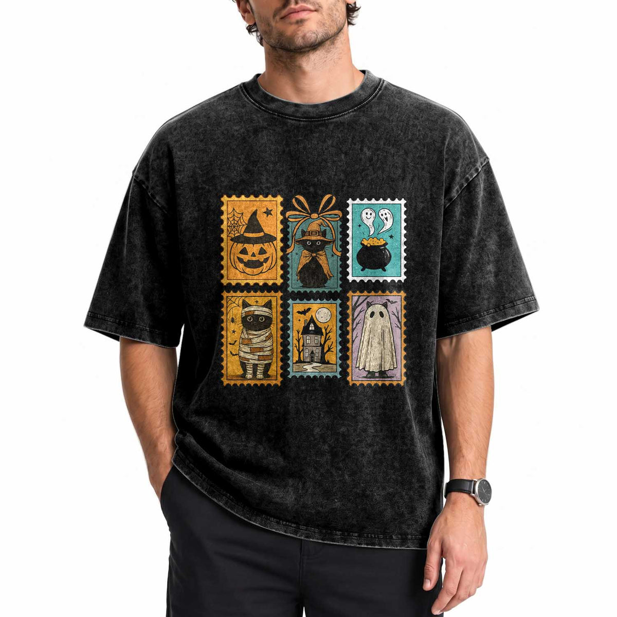 Black Cat Pumpkin Washed Cotton T-Shirt Retro Halloween Ghots Cat Stamp