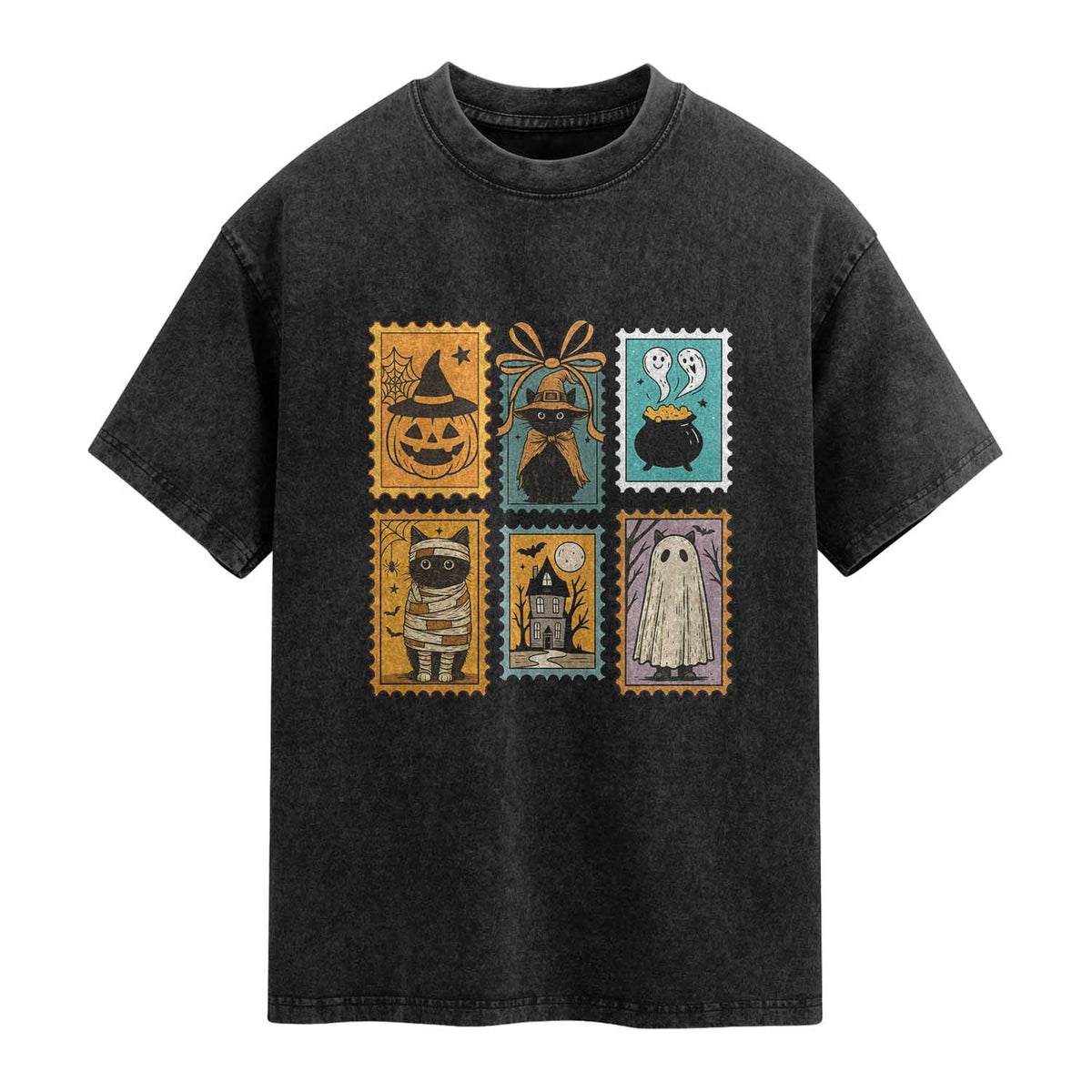 Black Cat Pumpkin Washed Cotton T-Shirt Retro Halloween Ghots Cat Stamp