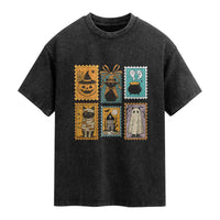 Black Cat Pumpkin Washed Cotton T-Shirt Retro Halloween Ghots Cat Stamp