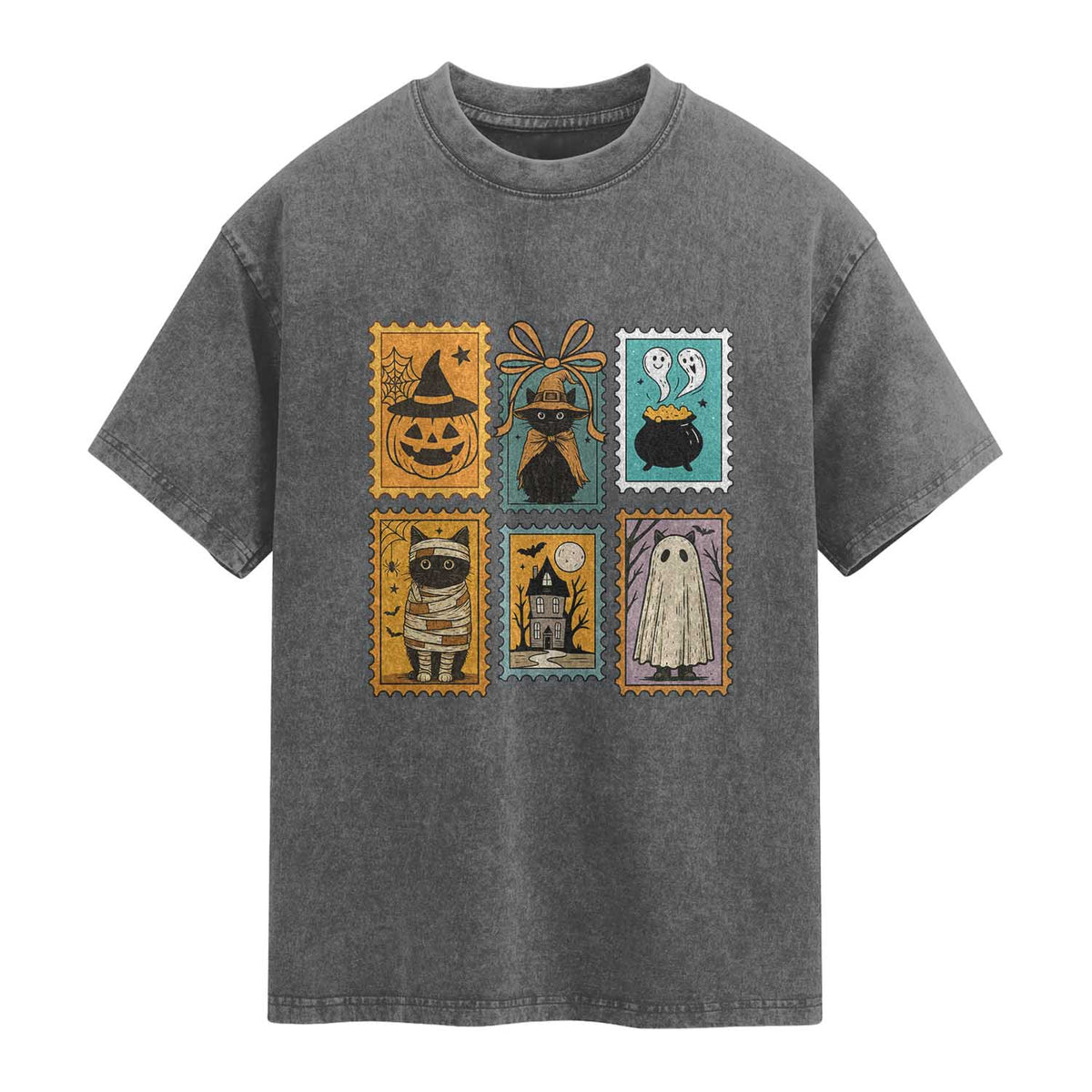 Black Cat Pumpkin Washed Cotton T-Shirt Retro Halloween Ghots Cat Stamp