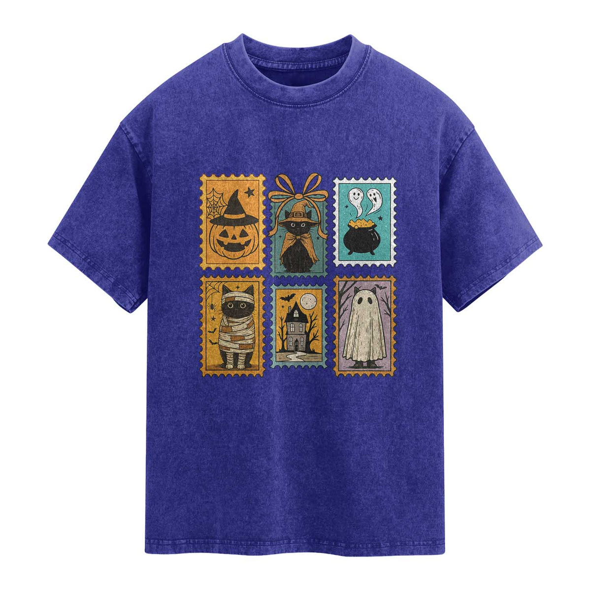 Black Cat Pumpkin Washed Cotton T-Shirt Retro Halloween Ghots Cat Stamp