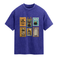Black Cat Pumpkin Washed Cotton T-Shirt Retro Halloween Ghots Cat Stamp