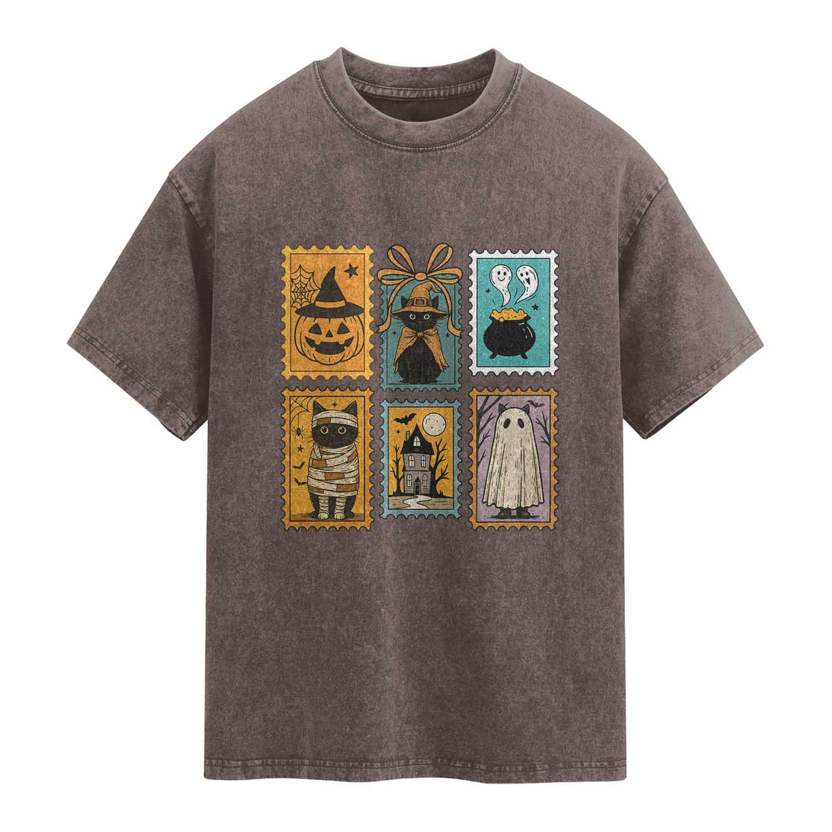 Black Cat Pumpkin Washed Cotton T-Shirt Retro Halloween Ghots Cat Stamp
