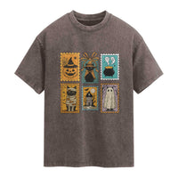 Black Cat Pumpkin Washed Cotton T-Shirt Retro Halloween Ghots Cat Stamp