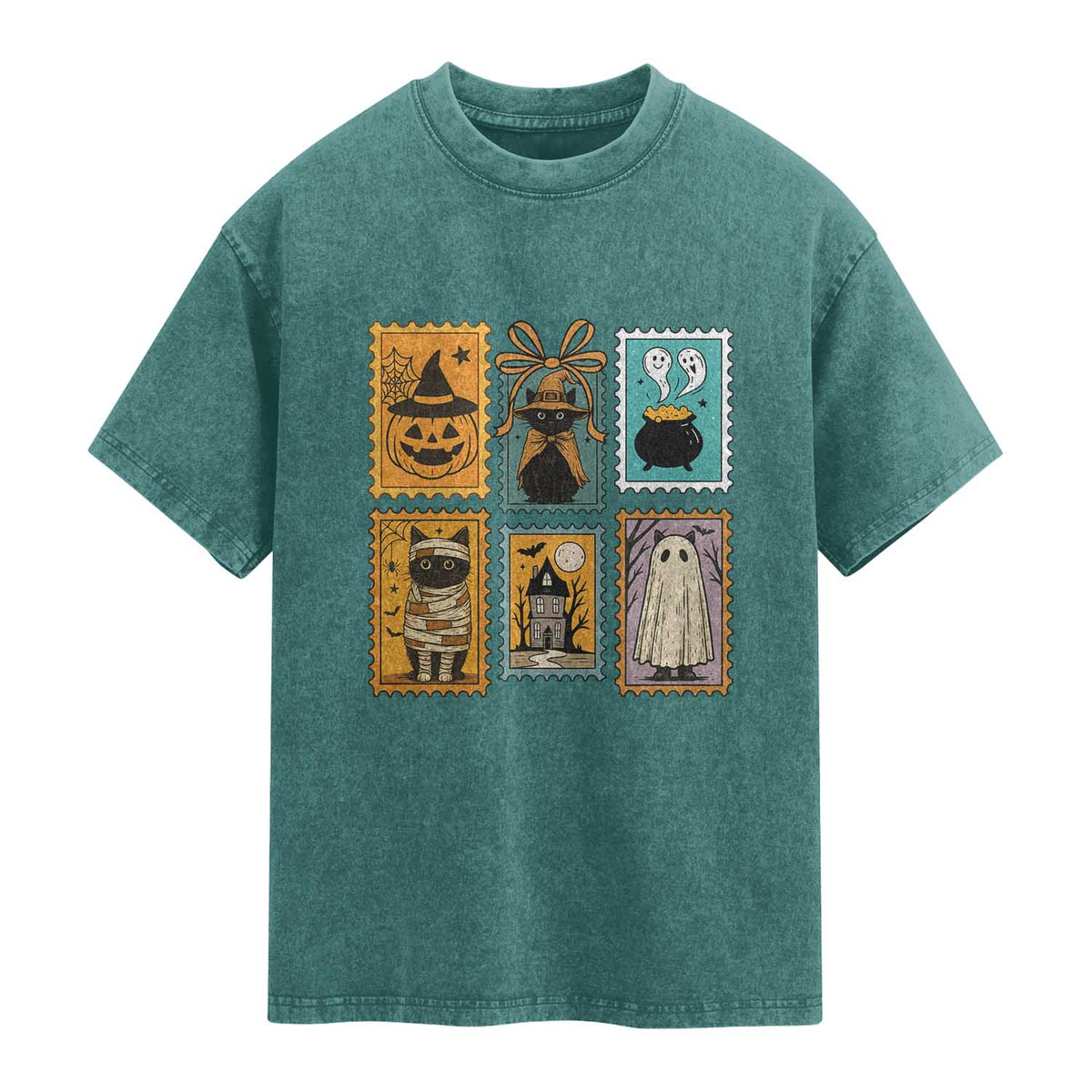 Black Cat Pumpkin Washed Cotton T-Shirt Retro Halloween Ghots Cat Stamp