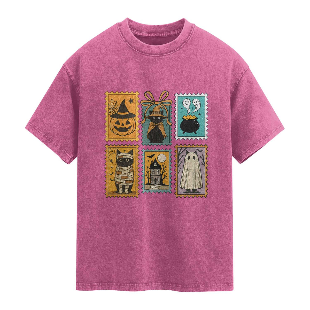 Black Cat Pumpkin Washed Cotton T-Shirt Retro Halloween Ghots Cat Stamp