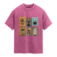 Black Cat Pumpkin Washed Cotton T-Shirt Retro Halloween Ghots Cat Stamp