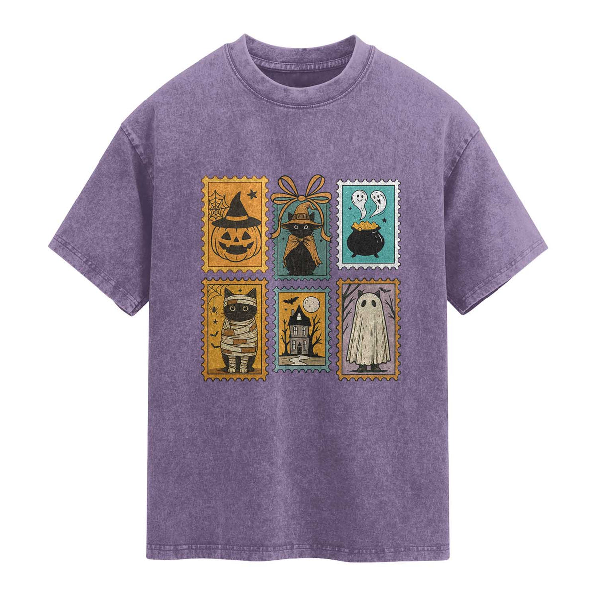 Black Cat Pumpkin Washed Cotton T-Shirt Retro Halloween Ghots Cat Stamp
