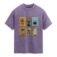 Black Cat Pumpkin Washed Cotton T-Shirt Retro Halloween Ghots Cat Stamp