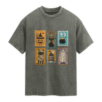 Black Cat Pumpkin Washed Cotton T-Shirt Retro Halloween Ghots Cat Stamp
