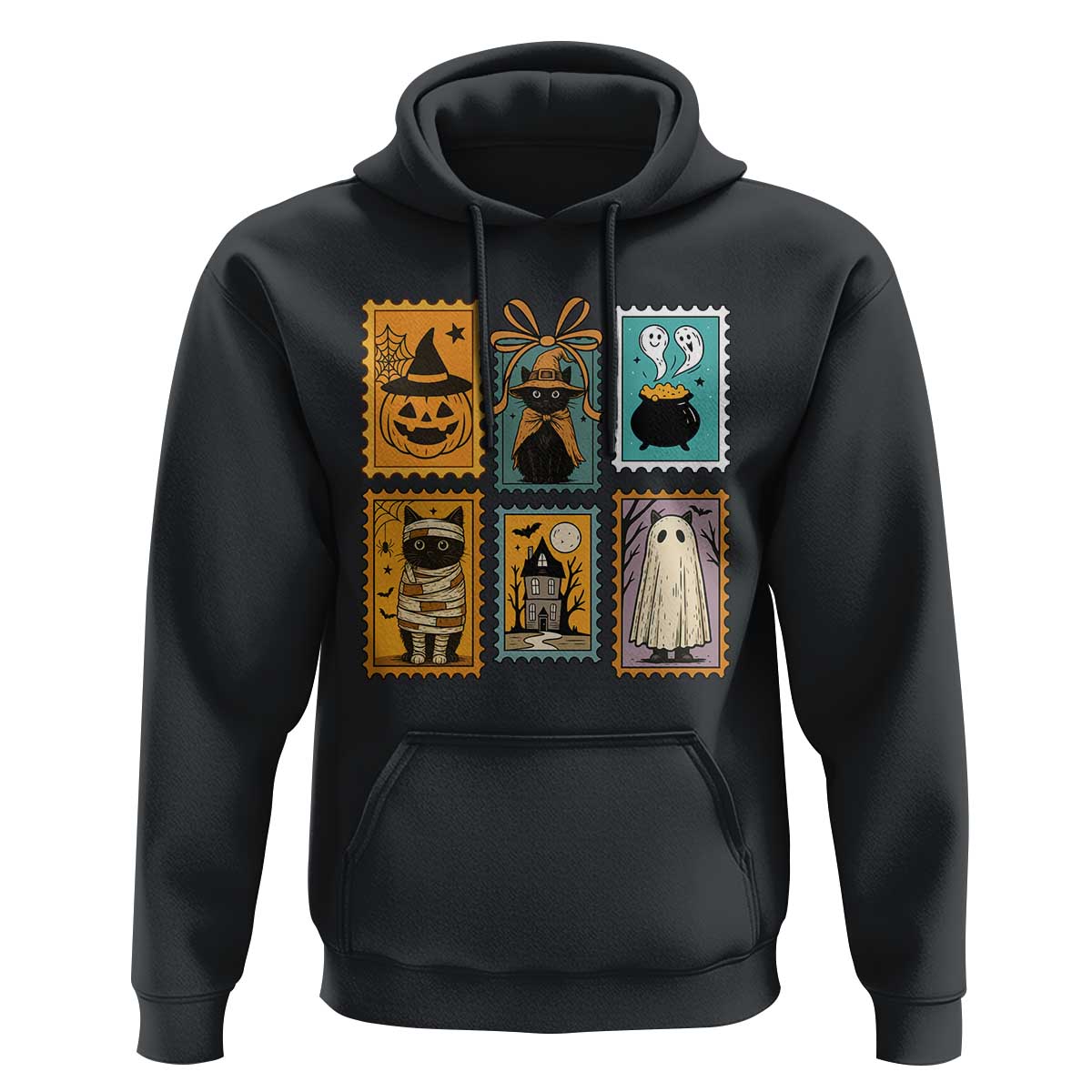 Black Cat Pumpkin Hoodie Retro Halloween Ghots Cat Stamp - Wonder Print Shop