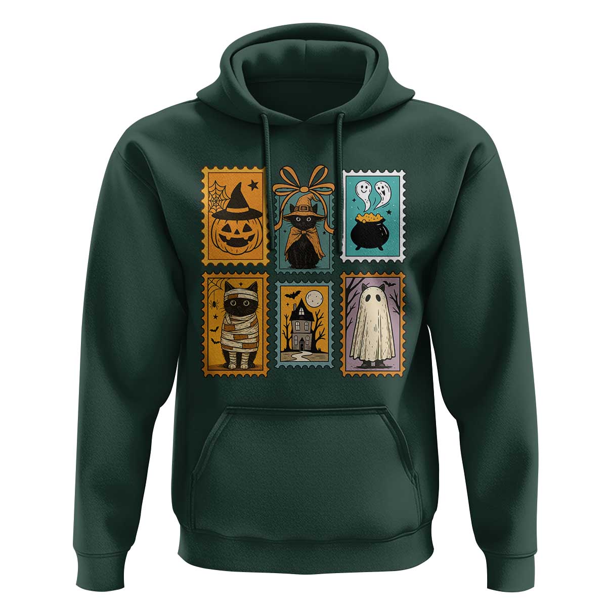 Black Cat Pumpkin Hoodie Retro Halloween Ghots Cat Stamp - Wonder Print Shop