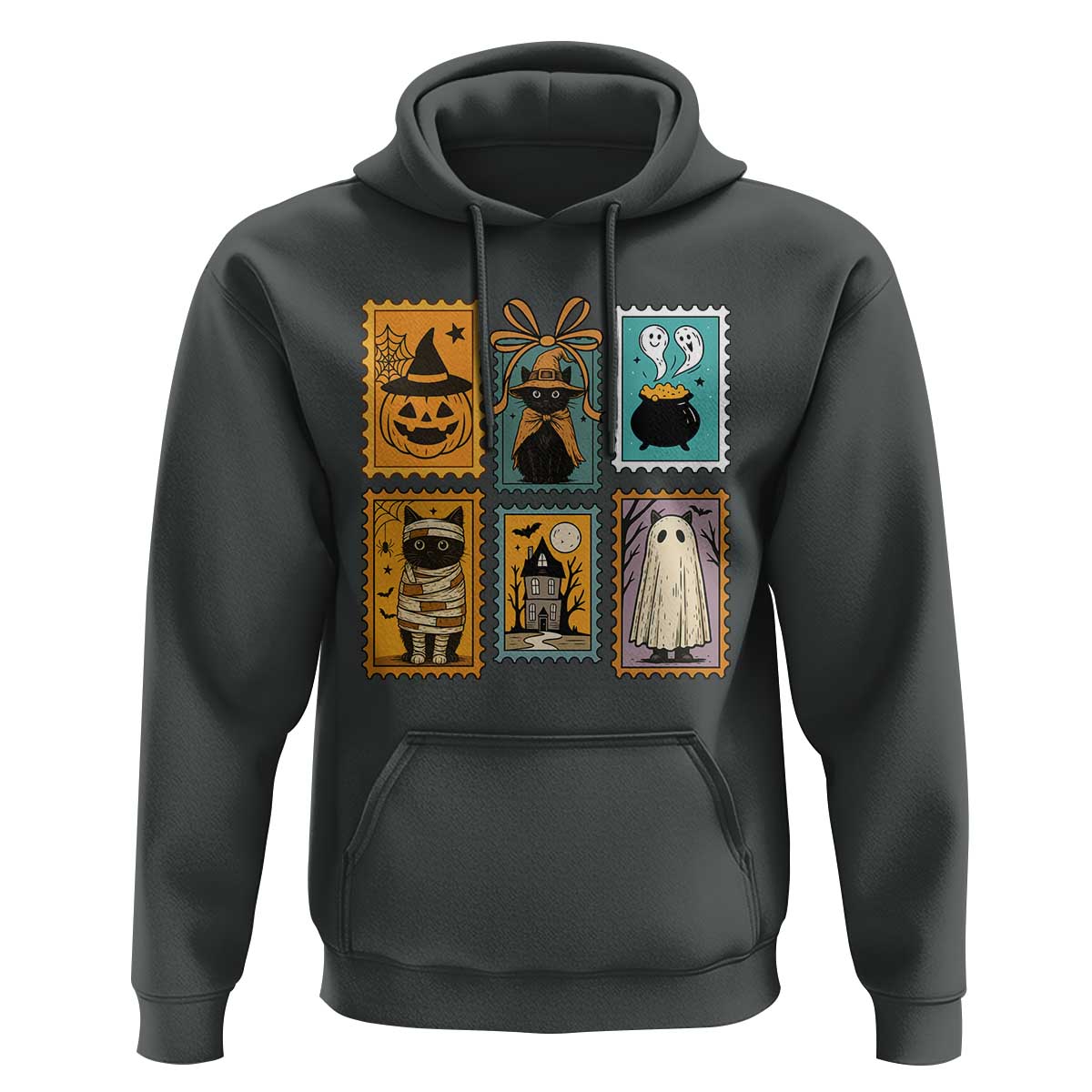 Black Cat Pumpkin Hoodie Retro Halloween Ghots Cat Stamp - Wonder Print Shop