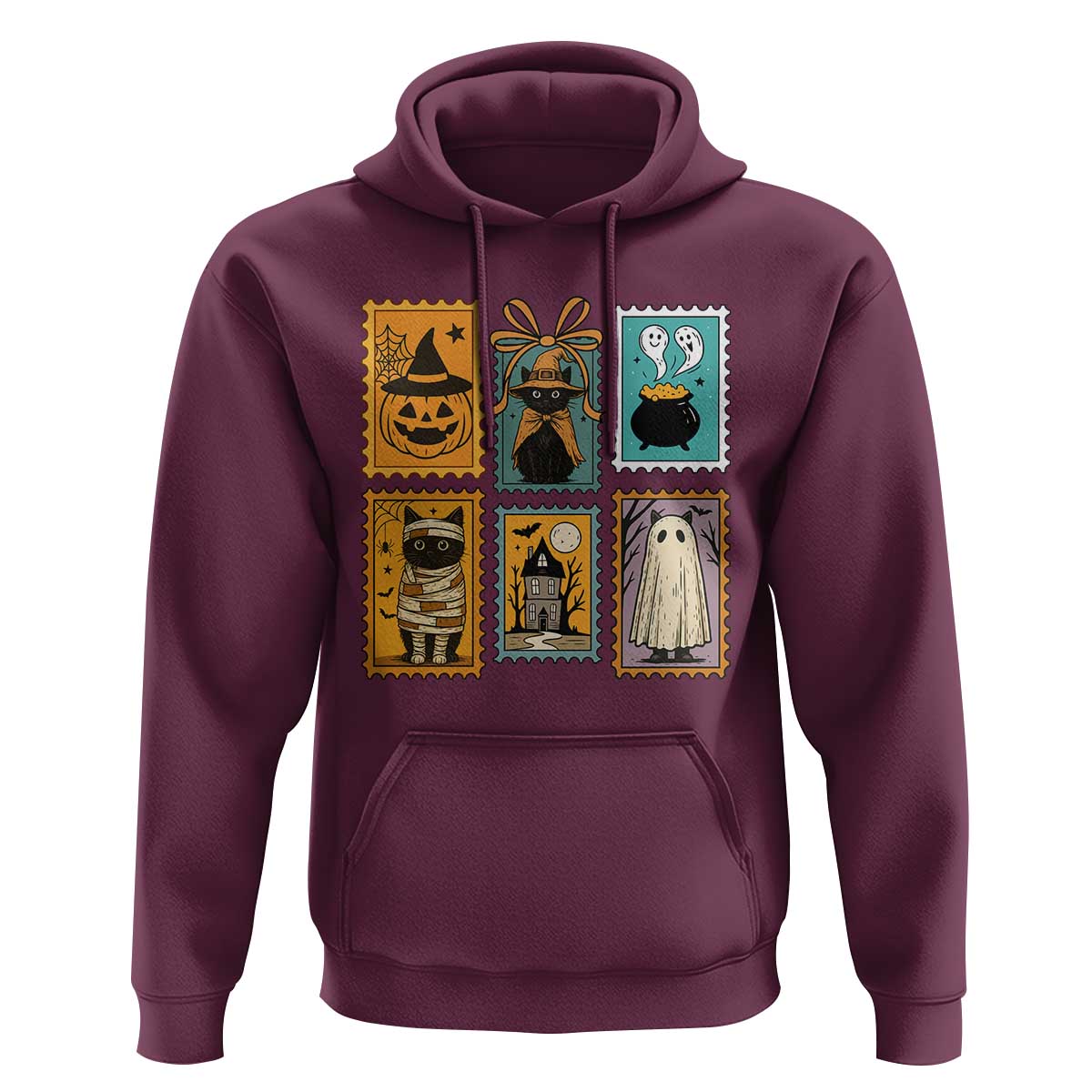 Black Cat Pumpkin Hoodie Retro Halloween Ghots Cat Stamp - Wonder Print Shop