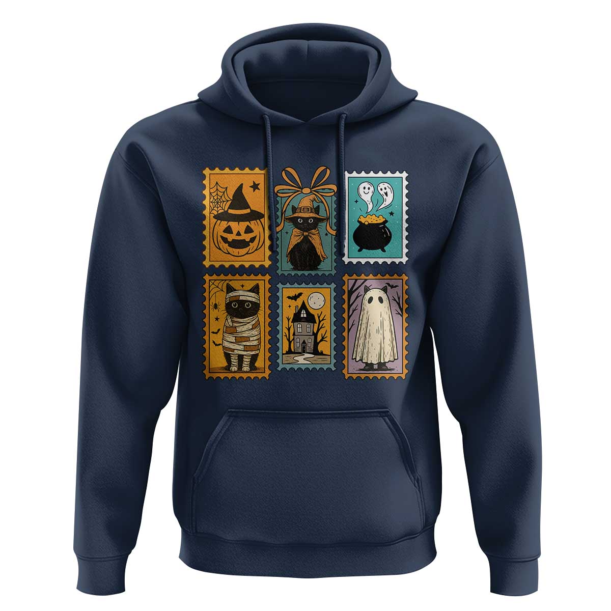 Black Cat Pumpkin Hoodie Retro Halloween Ghots Cat Stamp - Wonder Print Shop