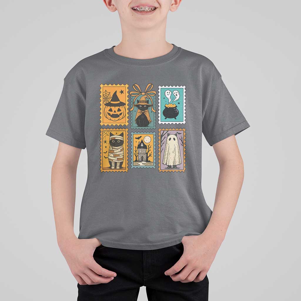 Black Cat Pumpkin T Shirt For Kid Retro Halloween Ghots Cat Stamp - Wonder Print Shop