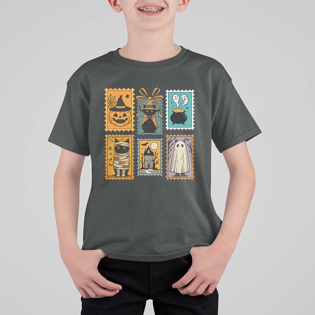 Black Cat Pumpkin T Shirt For Kid Retro Halloween Ghots Cat Stamp - Wonder Print Shop