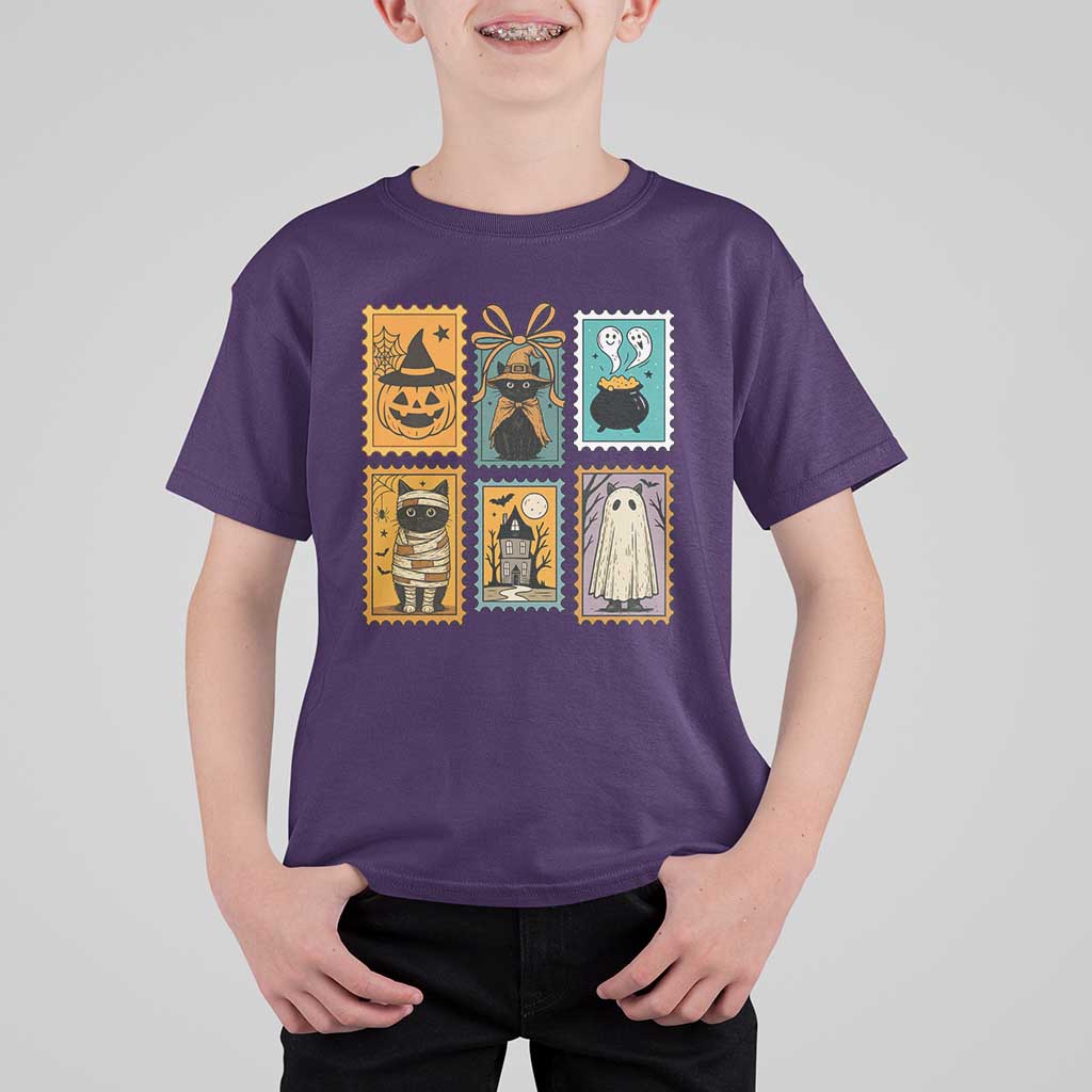 Black Cat Pumpkin T Shirt For Kid Retro Halloween Ghots Cat Stamp - Wonder Print Shop