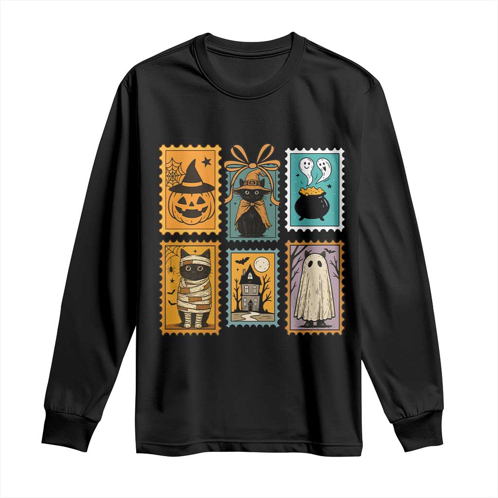 Black Cat Pumpkin Long Sleeve Shirt Retro Halloween Ghots Cat Stamp - Wonder Print Shop