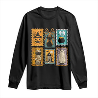 Black Cat Pumpkin Long Sleeve Shirt Retro Halloween Ghots Cat Stamp - Wonder Print Shop
