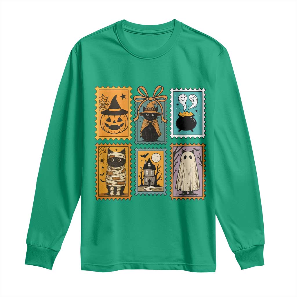 Black Cat Pumpkin Long Sleeve Shirt Retro Halloween Ghots Cat Stamp - Wonder Print Shop