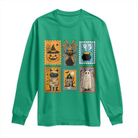 Black Cat Pumpkin Long Sleeve Shirt Retro Halloween Ghots Cat Stamp - Wonder Print Shop