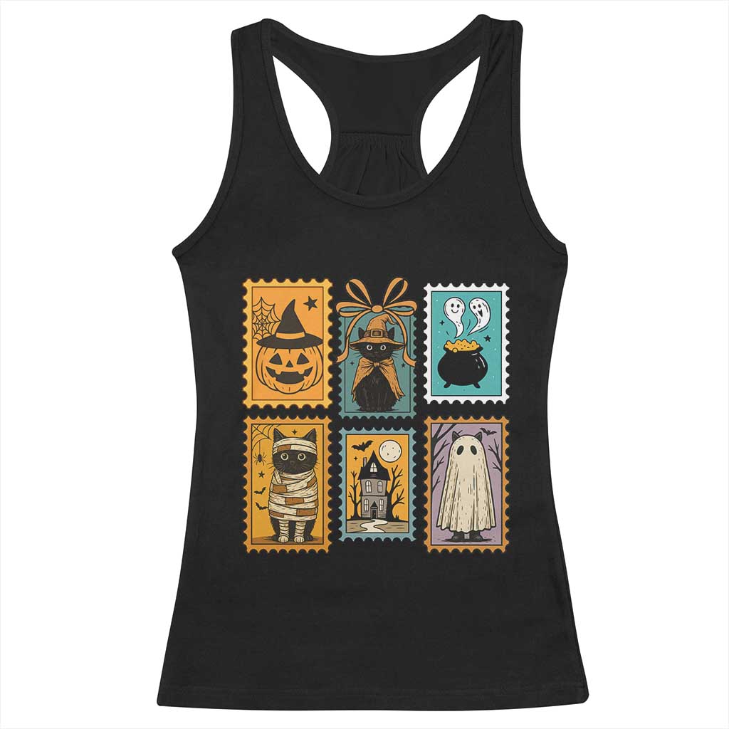 Black Cat Pumpkin Racerback Tank Top Retro Halloween Ghots Cat Stamp - Wonder Print Shop
