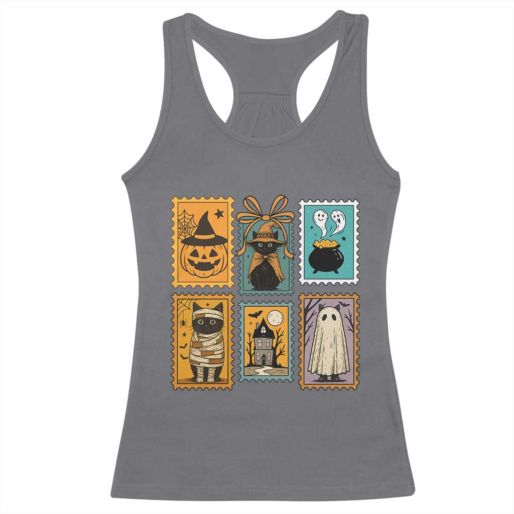 Black Cat Pumpkin Racerback Tank Top Retro Halloween Ghots Cat Stamp - Wonder Print Shop