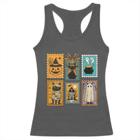 Black Cat Pumpkin Racerback Tank Top Retro Halloween Ghots Cat Stamp - Wonder Print Shop