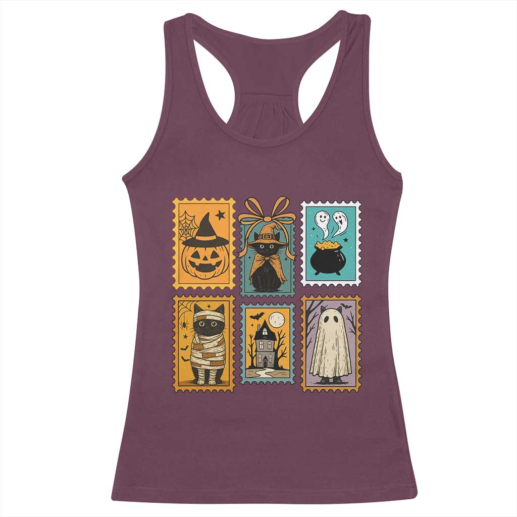 Black Cat Pumpkin Racerback Tank Top Retro Halloween Ghots Cat Stamp - Wonder Print Shop