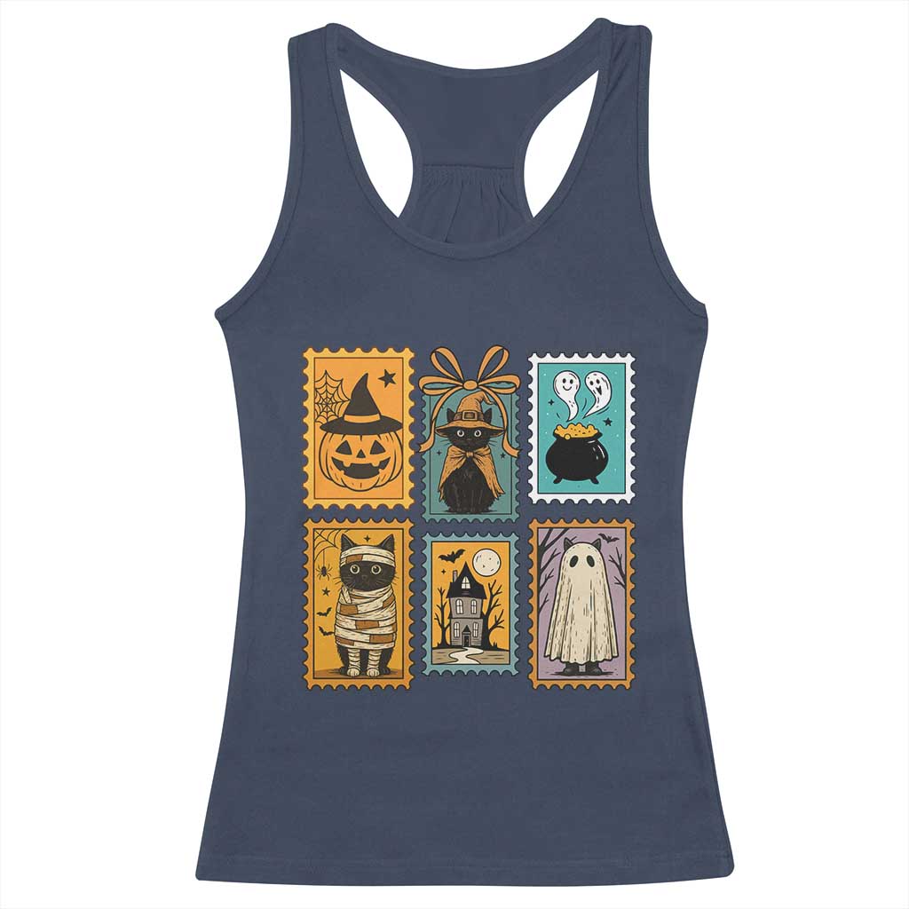Black Cat Pumpkin Racerback Tank Top Retro Halloween Ghots Cat Stamp - Wonder Print Shop