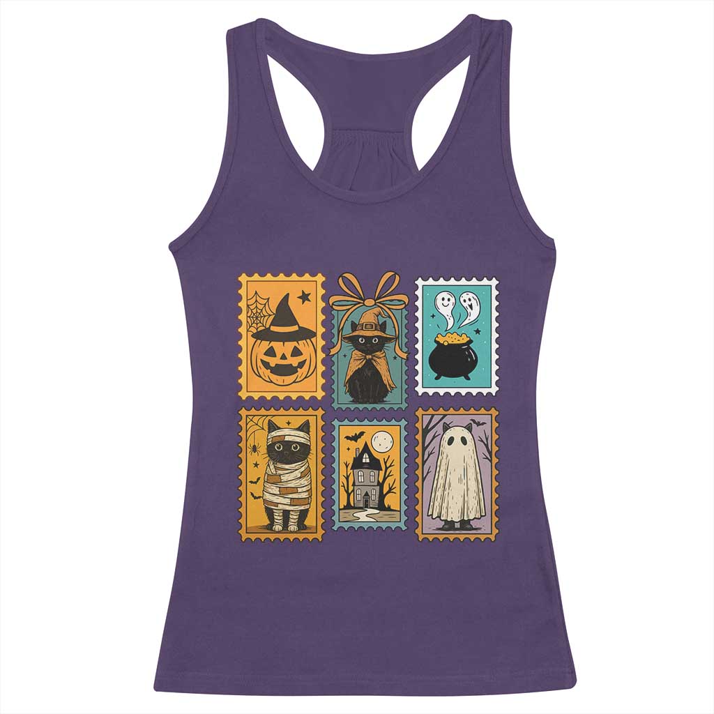 Black Cat Pumpkin Racerback Tank Top Retro Halloween Ghots Cat Stamp - Wonder Print Shop