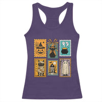 Black Cat Pumpkin Racerback Tank Top Retro Halloween Ghots Cat Stamp - Wonder Print Shop