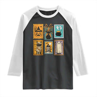 Black Cat Pumpkin Raglan Shirt Retro Halloween Ghots Cat Stamp - Wonder Print Shop