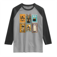 Black Cat Pumpkin Raglan Shirt Retro Halloween Ghots Cat Stamp - Wonder Print Shop