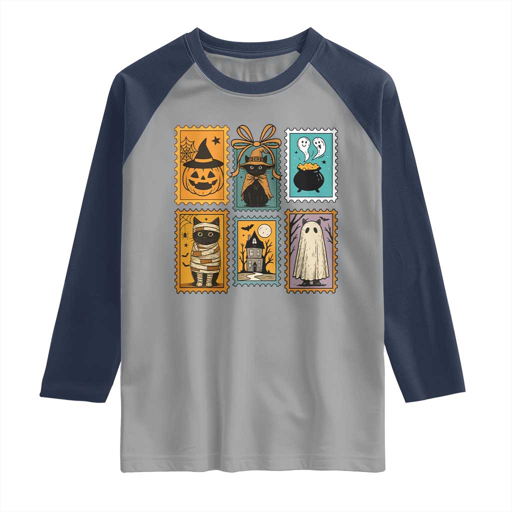 Black Cat Pumpkin Raglan Shirt Retro Halloween Ghots Cat Stamp - Wonder Print Shop