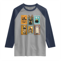 Black Cat Pumpkin Raglan Shirt Retro Halloween Ghots Cat Stamp - Wonder Print Shop