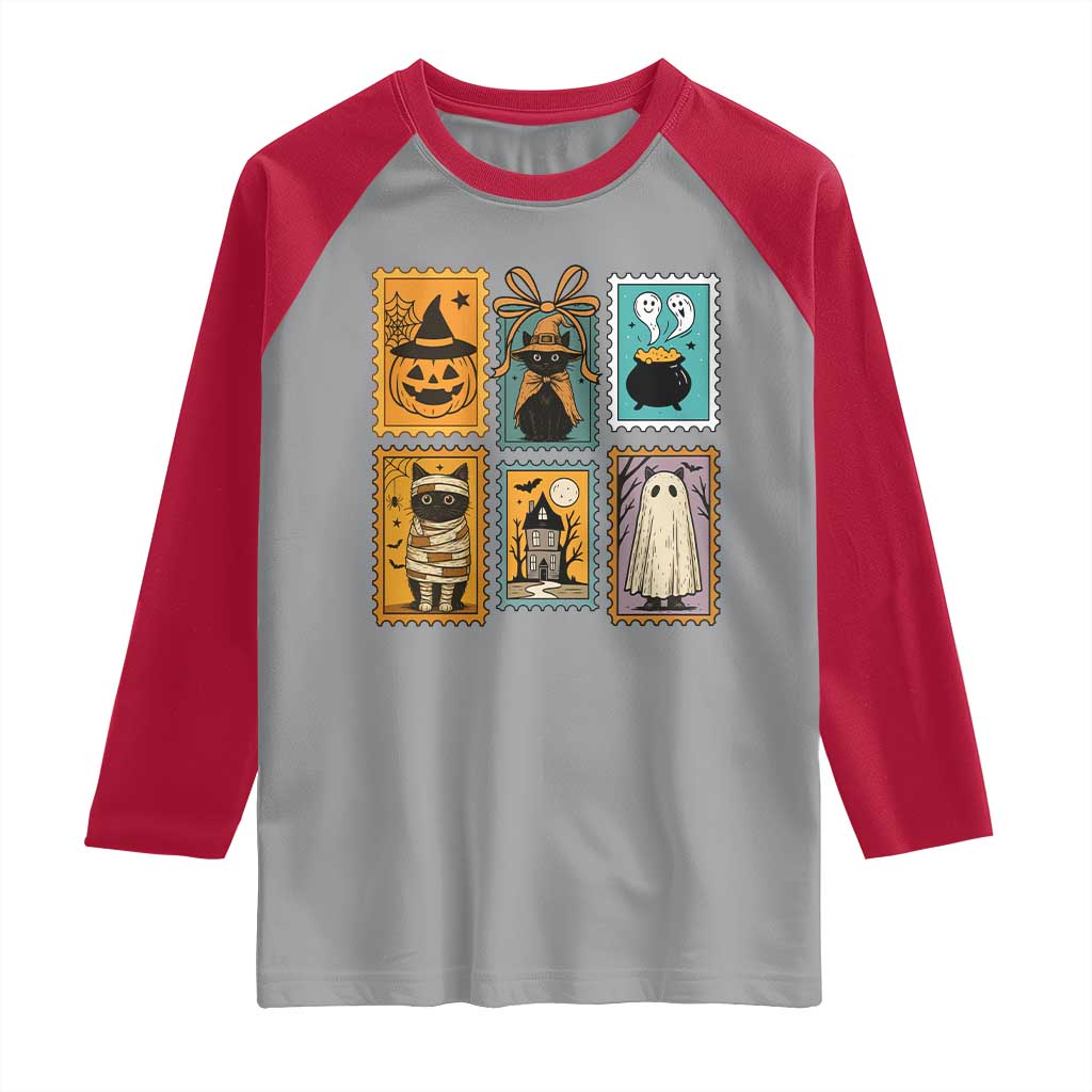 Black Cat Pumpkin Raglan Shirt Retro Halloween Ghots Cat Stamp - Wonder Print Shop