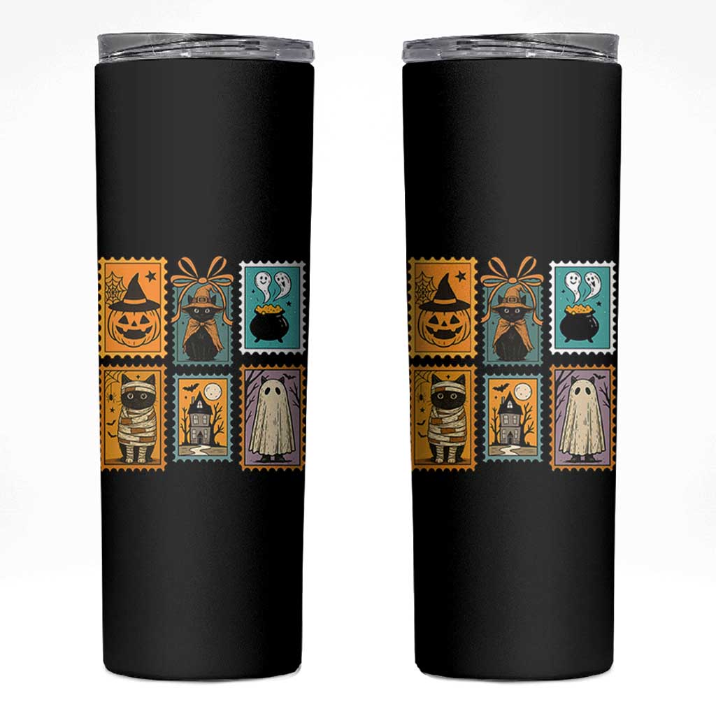 Black Cat Pumpkin Skinny Tumbler Retro Halloween Ghots Cat Stamp - Wonder Print Shop