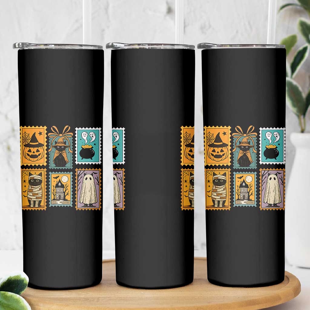 Black Cat Pumpkin Skinny Tumbler Retro Halloween Ghots Cat Stamp - Wonder Print Shop