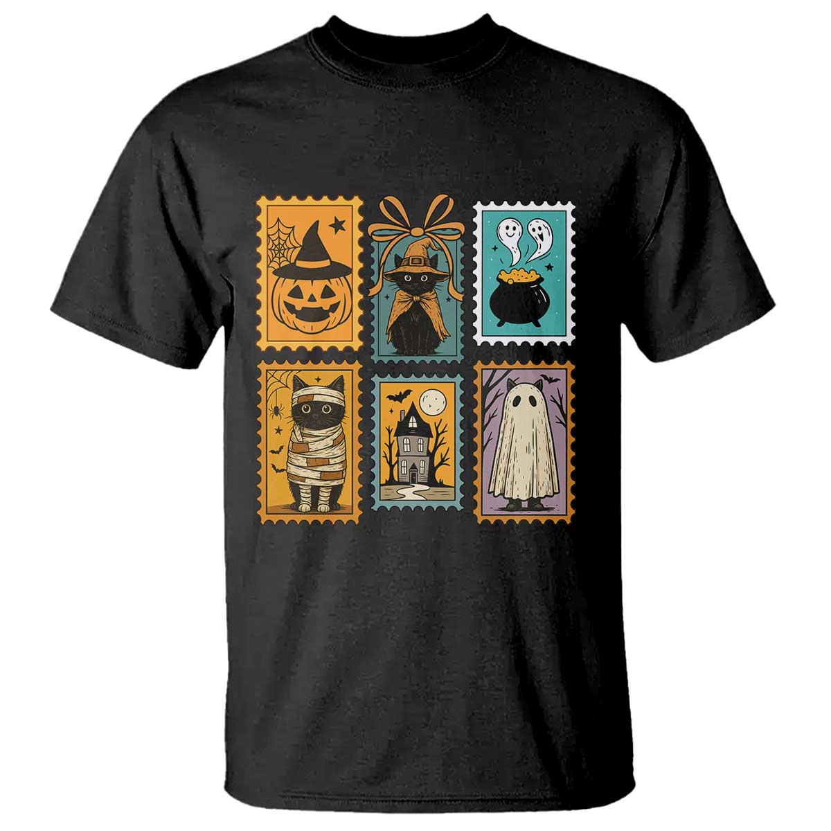 Black Cat Pumpkin T Shirt Retro Halloween Ghots Cat Stamp - Wonder Print Shop