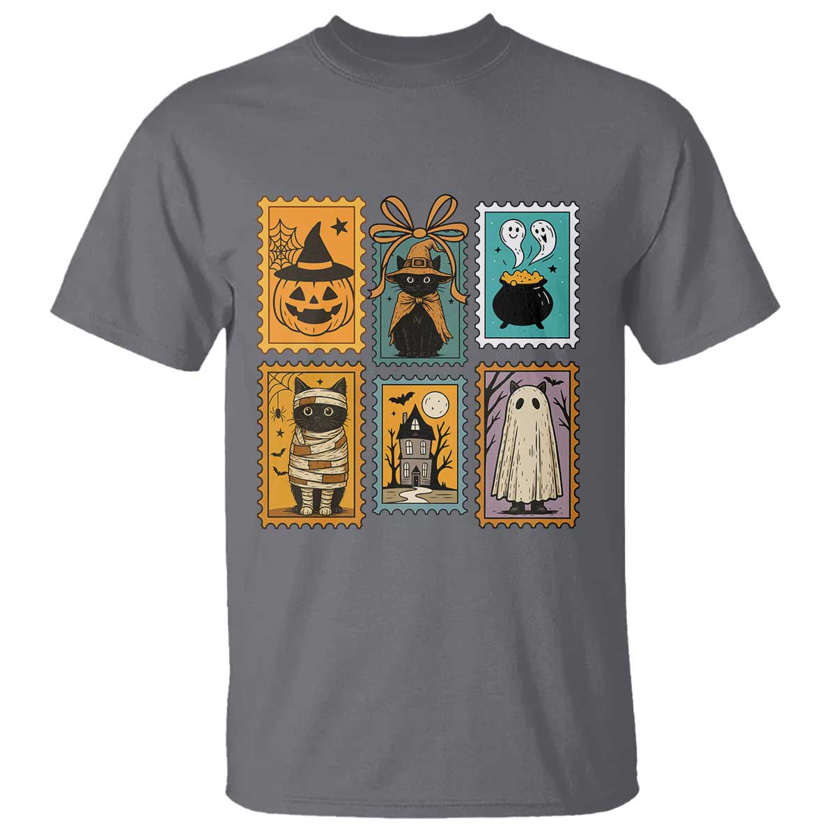 Black Cat Pumpkin T Shirt Retro Halloween Ghots Cat Stamp - Wonder Print Shop