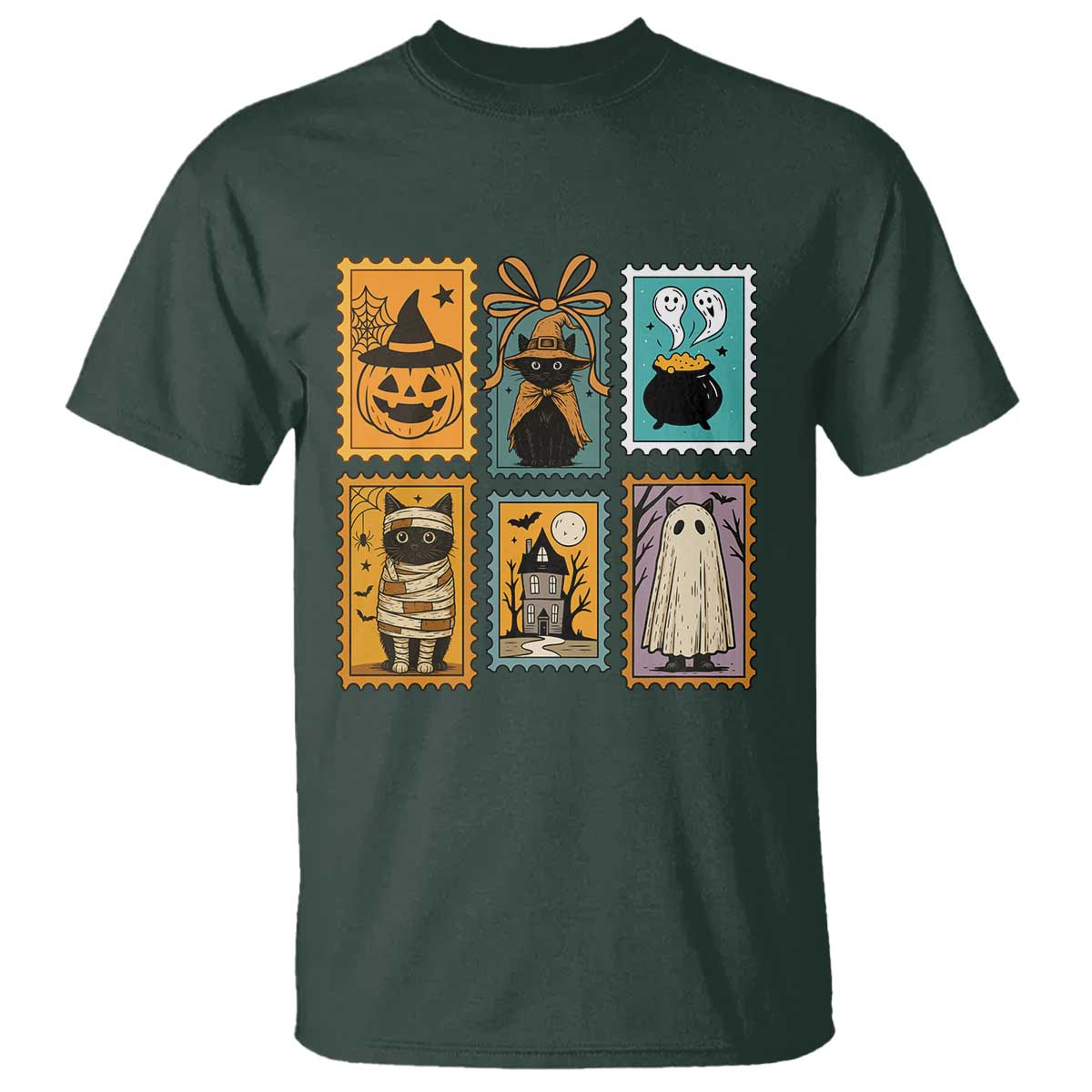 Black Cat Pumpkin T Shirt Retro Halloween Ghots Cat Stamp - Wonder Print Shop
